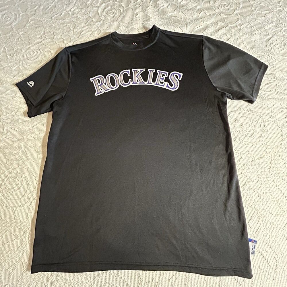 Colorado Rockies MLB Large Black T-Shirt Majestic w/Purple Silver Letters 2014